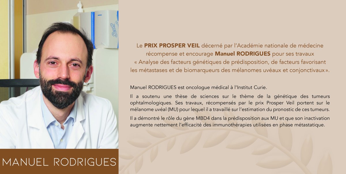 acadmed's tweet image. [LAURÉAT 2023] 👏Félicitations à #ManuelRodrigues Lauréat du Prix Prosper Veil de l'@acadmed pour ses travaux "Analyse des #facteursgénétiques de #prédisposition, de facteurs favorisant les #métastases et de #biomarqueurs des #mélanomes uvéaux et conjonctivaux"   
#cancer #tumeur