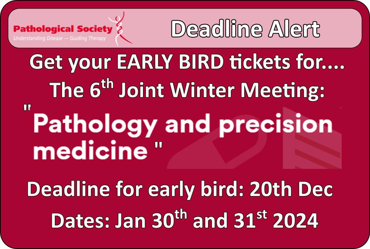 Our 6th joint winter meeting with the RSM is fast approaching 🔬. The deadline for EARLY BIRD ticket pricing is tomorrow (Wednesday 20th December 📅). Don't forget to get your tickets and join us for what will be a brilliant event! rsm.ac.uk/events/patholo…