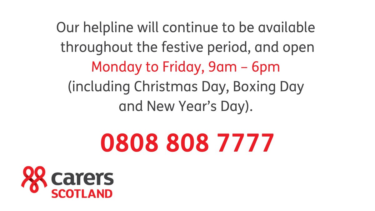 The Carers UK help and advice line is open throughout the festive period. Call 0808 808 7777 Monday to Friday, 9am - 6pm.