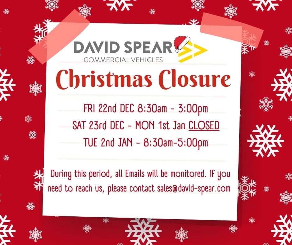 Please note that the business will be closed starting from Friday, December 22nd at 3:30pm until Tuesday, January 2nd. During this period, our team will be monitoring emails. If you need to get in touch with us, please reach out to sales@david-spear.com.