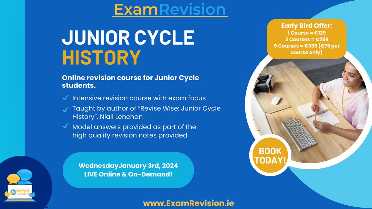 Our busiest day of the week is Wed 3rd Jan with 4️⃣ courses available across JC & LC ‼️

The JC courses are..

↪️ JC Science with @MrMaxwell9196 
↪️ JC History with @LenehanNiall 

Both teachers will provide plenty of information about how to achieve potential in mock exams 👌