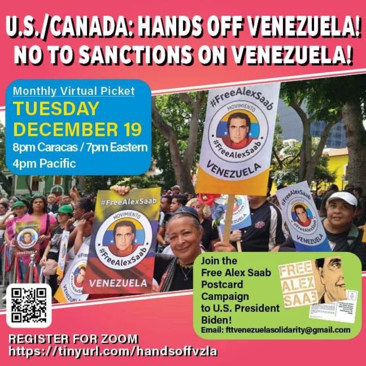 Activos hoy  #19Dic al  Webinar mensual 🇺🇸EE.UU/🇨🇦Canadá: #HandsOffVenezuela y #FreeAlexSaab 

Link para registrarse: tinyurl.com/handsoffvzla 

Ponentes @CamillaFSaab, @EnglerYves, @sellner74 y @geraldinacolott 

⏰ 8:00 pm Caracas 🇻🇪

@FreeAlexSaabOrg
@AlenaDouhan 
@nytimes
@CNN