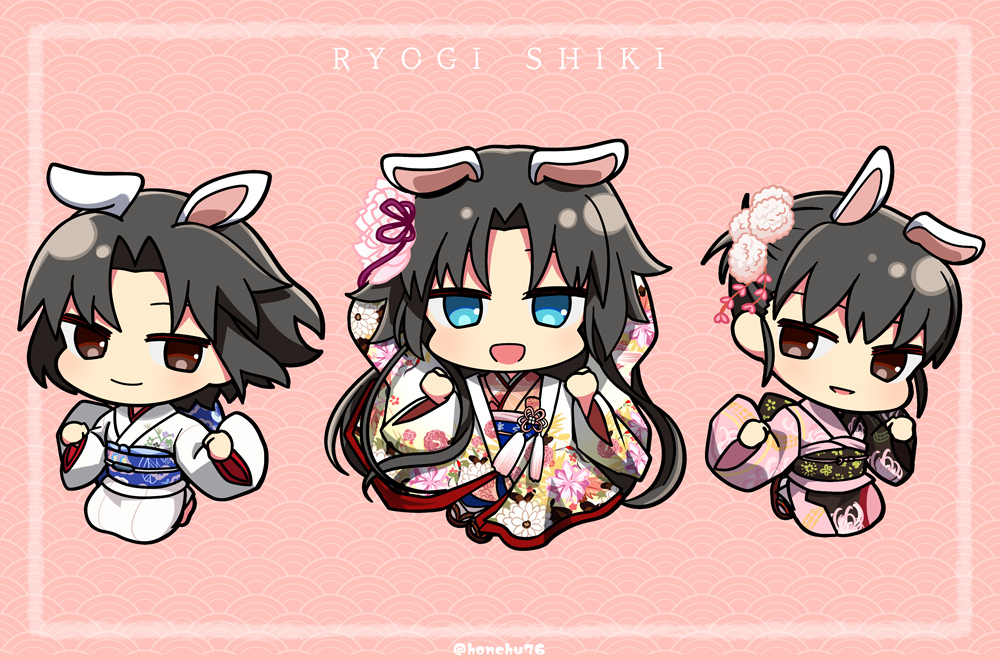 ryougi shiki japanese clothes animal ears kimono multiple girls 3girls rabbit ears chibi  illustration images