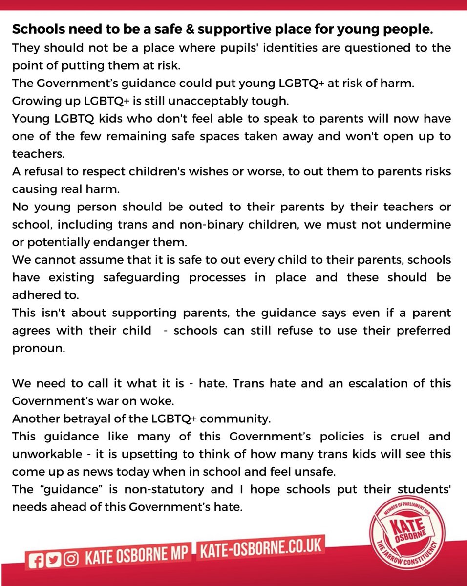This guidance like many of this Govts policies is cruel &amp; unworkable - its upsetting to think of how many trans kids will see this come up as news today when in school &amp; feel unsafe.

The “guidance” is non-statutory, I hope schools put their students' needs ahead of Govts hate.