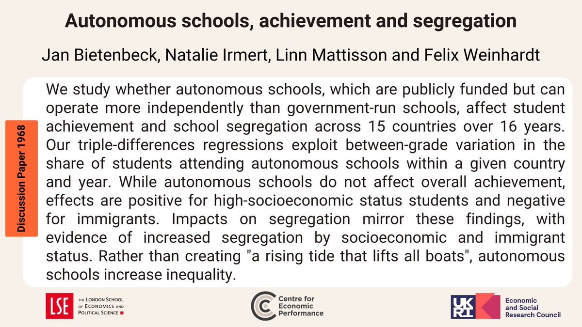Centre for Economic Performance (@cep_lse) on Twitter photo Autonomous schools, achievement and segregation
By <a href="/NatalieIrmert/">Natalie Irmert</a> @JBietenbeck <a href="/linnmatti/">Linn Mattisson</a> and <a href="/FelixWeinhardt/">Felix Weinhardt</a>
Read: ow.ly/U6wm50Qk4os Autonomous schools, achievement and segregation
By <a href="/NatalieIrmert/">Natalie Irmert</a> @JBietenbeck <a href="/linnmatti/">Linn Mattisson</a> and <a href="/FelixWeinhardt/">Felix Weinhardt</a>
Read: ow.ly/U6wm50Qk4os