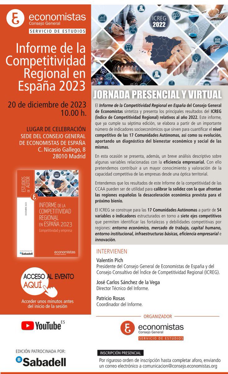 Catedra Competitividad Economistas Reg. de Murcia (@catedra_compet) on Twitter photo 📣 🗓️ Mañana a las 10h, será presentado el 'Informe de la Competitividad Regional en España 2023".
👥 Con la presentación de <a href="/PichValenti/">valentí pich rosell</a> , presidente de <a href="/EconomistasOrg/">Economistas</a> , y la participación de José Carlos Sánchez y <a href="/patricio__rosas/">Patricio Rosas</a> , director técnico y coordinador del informe. 📣 🗓️ Mañana a las 10h, será presentado el 'Informe de la Competitividad Regional en España 2023".
👥 Con la presentación de <a href="/PichValenti/">valentí pich rosell</a> , presidente de <a href="/EconomistasOrg/">Economistas</a> , y la participación de José Carlos Sánchez y <a href="/patricio__rosas/">Patricio Rosas</a> , director técnico y coordinador del informe.