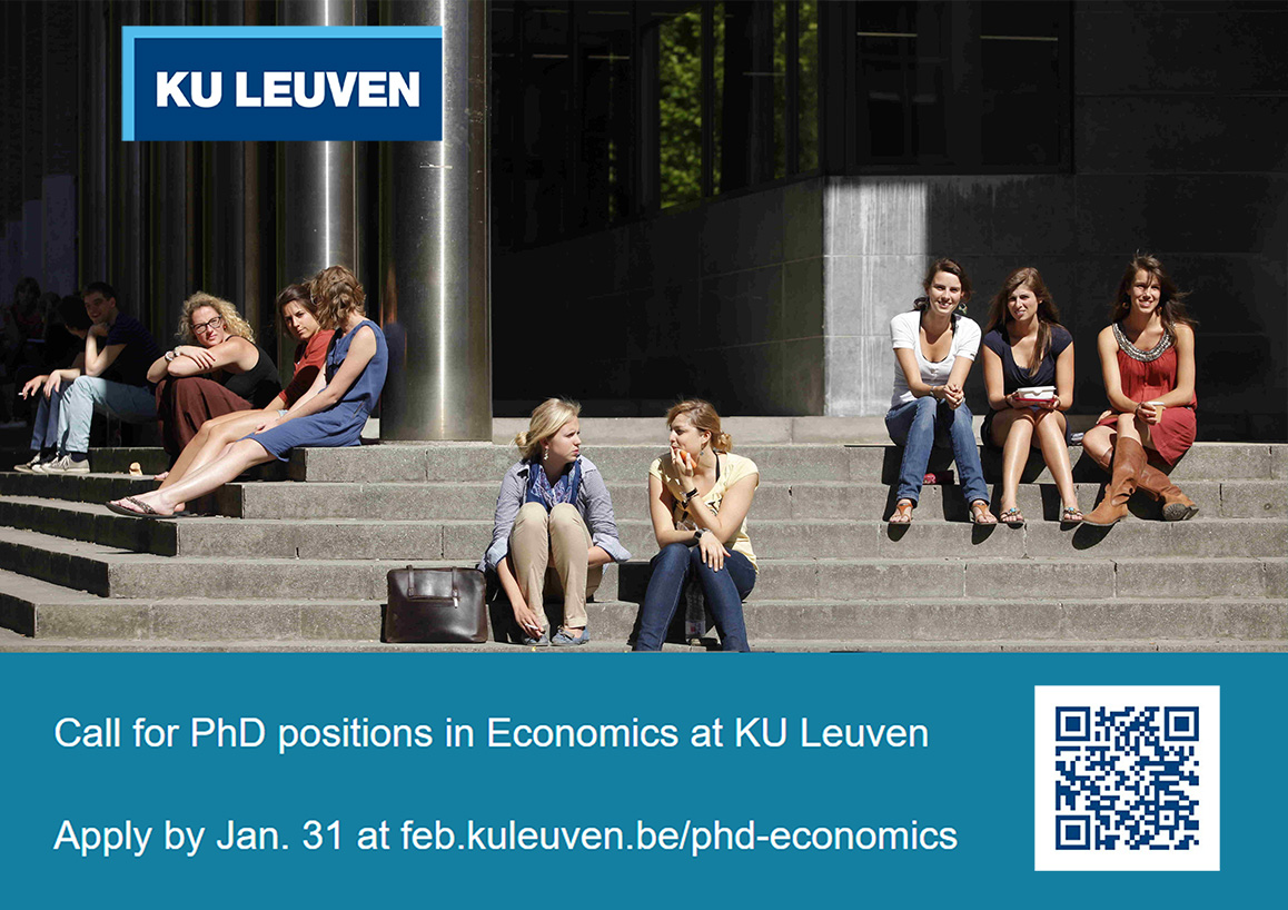 Open PhD positions in economics @KU_Leuven📢 KU Leuven's Department of Economics is recruiting motivated students to start in its doctoral program leading to a #PhD in #Economics. ⏰Apply by January 31, 2024 at feb.kuleuven.be/phd-economics. Feel free to share this call. #econtwitter