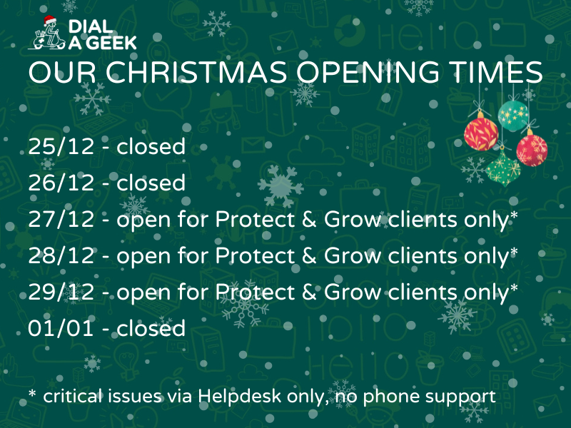 Just a reminder of our Christmas opening times.

#MSP #tech #support #BusinessIT #Bristol #businesstech #BCorp #Christmas #Xmas