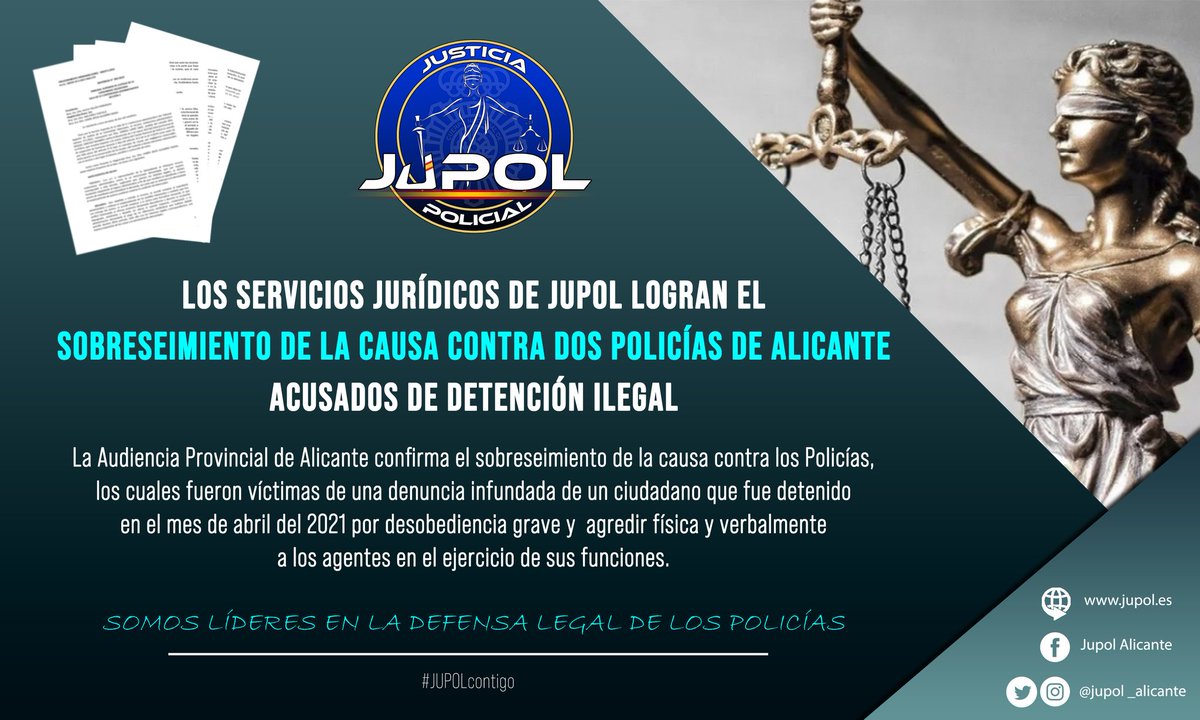 ⚖️ Los servicios jurídicos de #JUPOL logran el sobreseimiento de la causa contra dos #Policías de #Alicante acusados de detención ilegal.

👮‍♂️Los agentes fueron víctimas de la denuncia infundada de un ciudadano que además les agredió física y verbalmente.

#JUPOLContigo