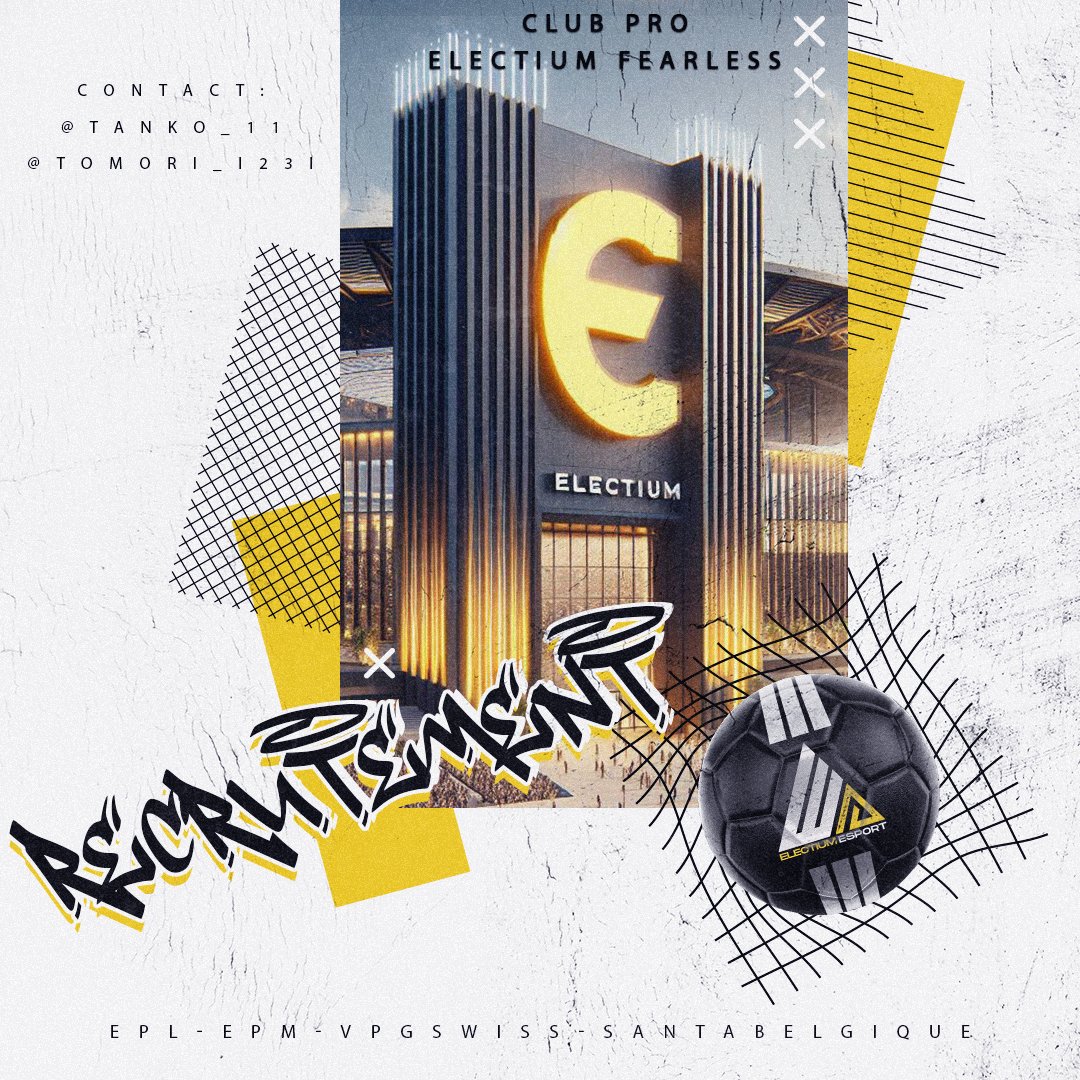 Electium eSport (@electium_es) on Twitter photo ⚫️Recrutement🟡
La Team Electium Fearless recrute !!
Contactez <a href="/Tanko_11/">Tanko 🇫🇷🇩🇪</a> et <a href="/Tomori_I23I/">Pep Ozark 🇦🇷</a> ⚫️Recrutement🟡
La Team Electium Fearless recrute !!
Contactez <a href="/Tanko_11/">Tanko 🇫🇷🇩🇪</a> et <a href="/Tomori_I23I/">Pep Ozark 🇦🇷</a>