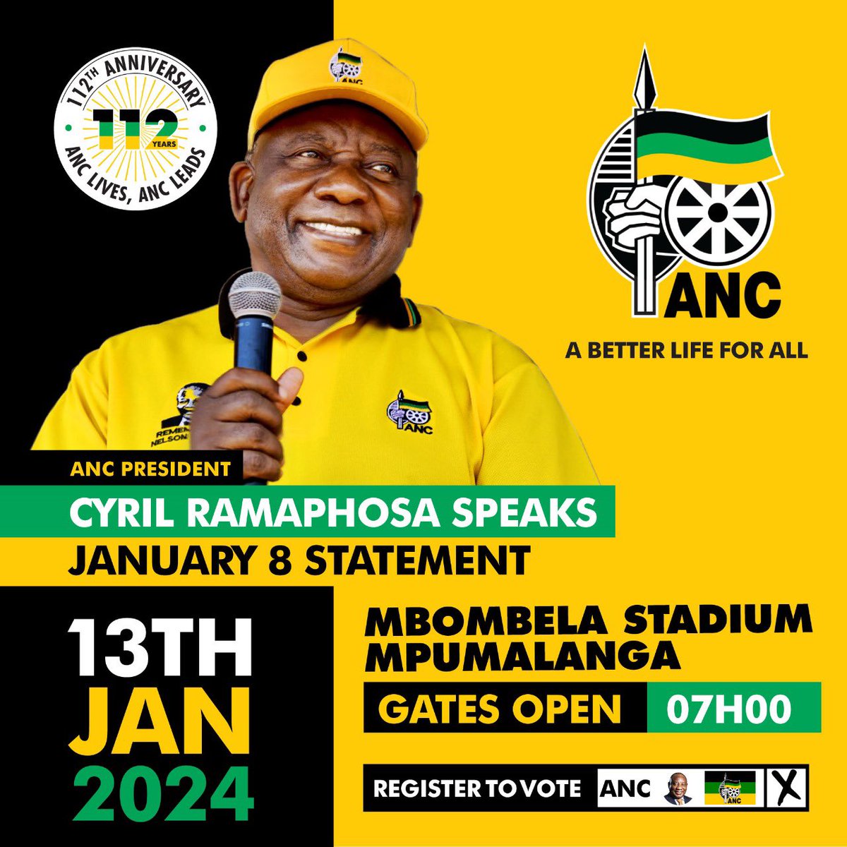 Celebrating 112 years of Africa's oldest liberation movement, the African National Congress. Join us on Saturday, 13 January 2024 in Mbombela, Mpumalanga for the ANC's 112 Anniversary Rally. ANC President Comrade Cyril Ramaphosa will deliver the ANC's January 8th Statement,…