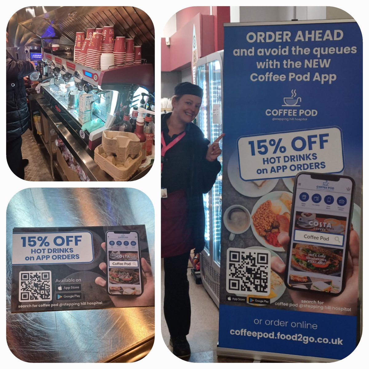 Today @SteppingHill hospital, our click and collect app for our Coffee Pod situated outside Pinewood is now live 🎉 you can download the app on Google Play or the Apple store, or you can scan the QR Code on our cards which are available around the site . Register for the 15% off