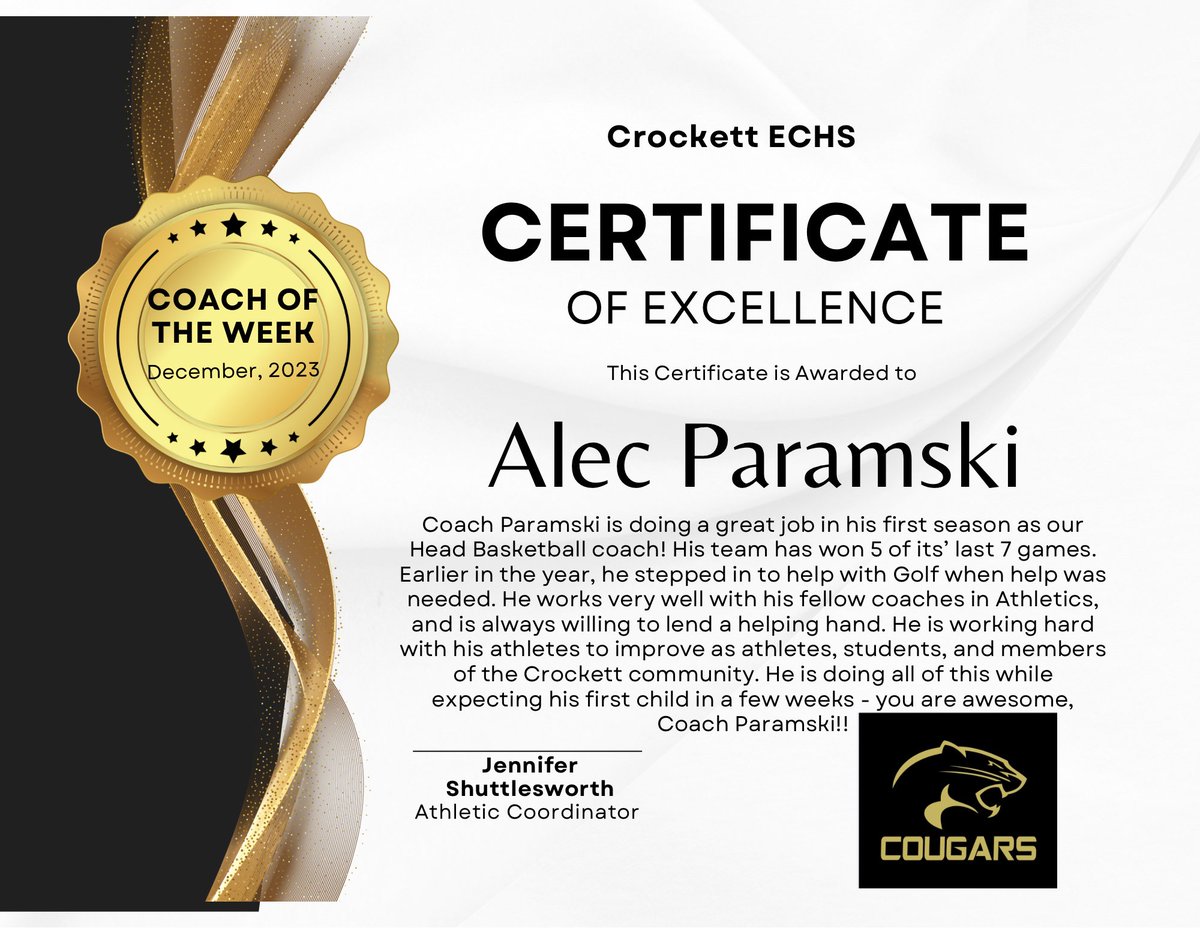Coach Paramski is our most recent Coach of the Week. He’s deep into Basketball season &amp; doing an outstanding job! He’s a team player, always helping others &amp; bettering our school in many ways. We are blessed to have Coach Paramski on our staff!