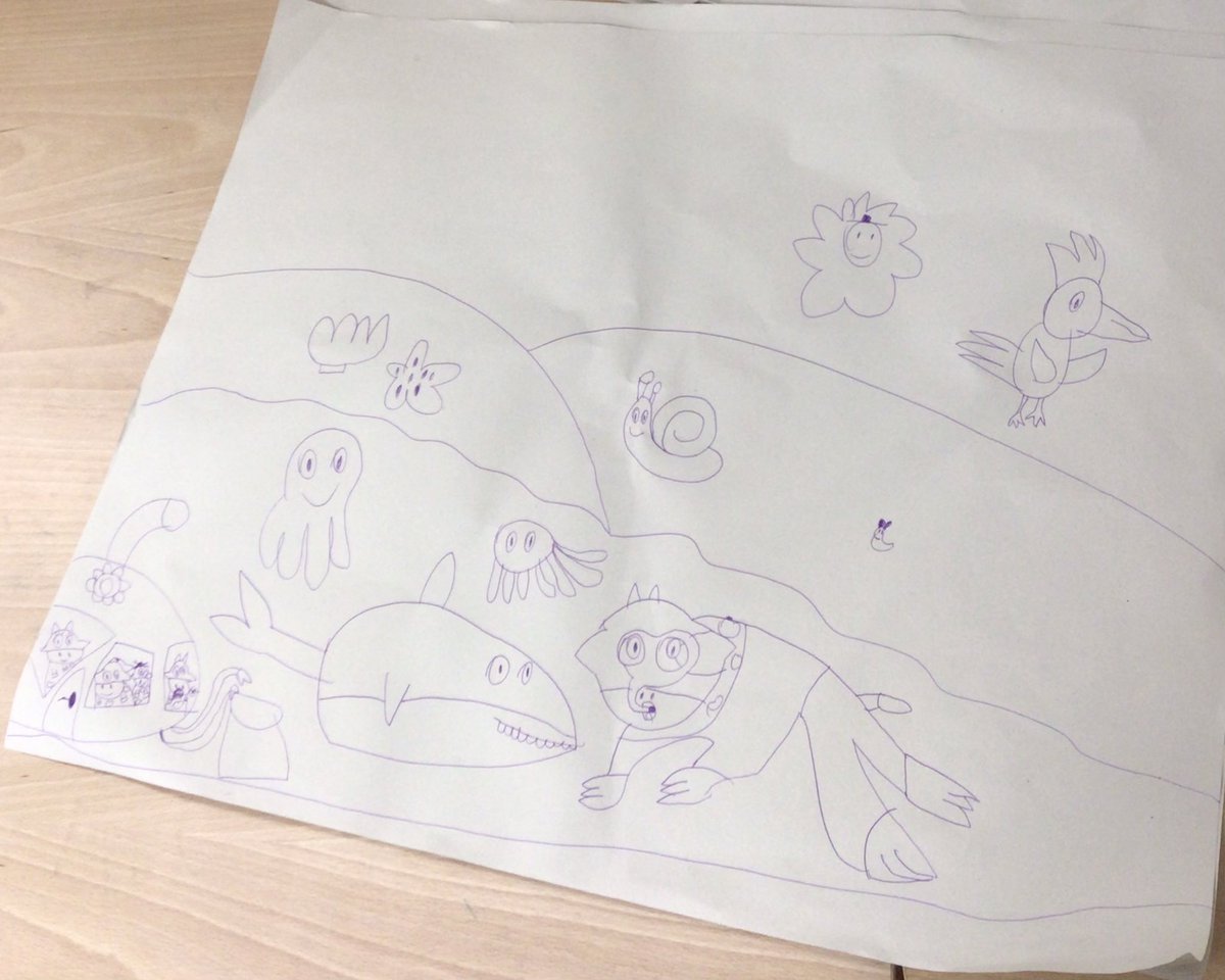 What excellent imagination shown in the Nest today! A cow under the water wearing a snorkel, his family in a submarine, the sea creatures swimming around and a parrot on the beach! Fantastic! <a href="/kestrelmead/">Kestrel Mead Primary Academy</a> #kestrelinclusion #dsp #inclusion #artist