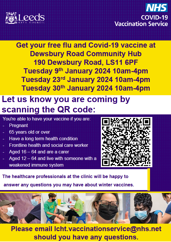 Flu &amp; Covid-19 Vaccines available at 
Dewsbury Road Community Hub 💉 

Multiple dates available in January 2024 📅 

Reserve your space for free by following the link below:
shorturl.at/qvCGO 🙂