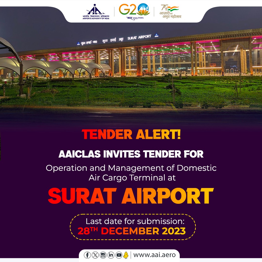 Airports Authority of India (@aai_official) on Twitter photo AAI's <a href="/AAICLAS_in/">AAI Cargo Logistics and Allied Services</a> is seeking bids for the Operation and Management of the Domestic Air Cargo Terminal at #Surat <a href="/aaistvairport/">સુરત આંતરરાષ્ટ્રીય એરપોર્ટ Surat International Apt</a>. Join us for an exciting opportunity in air cargo operations and soar to new heights in aviation excellence!
For details, visit aaiclas.aero AAI's <a href="/AAICLAS_in/">AAI Cargo Logistics and Allied Services</a> is seeking bids for the Operation and Management of the Domestic Air Cargo Terminal at #Surat <a href="/aaistvairport/">સુરત આંતરરાષ્ટ્રીય એરપોર્ટ Surat International Apt</a>. Join us for an exciting opportunity in air cargo operations and soar to new heights in aviation excellence!
For details, visit aaiclas.aero