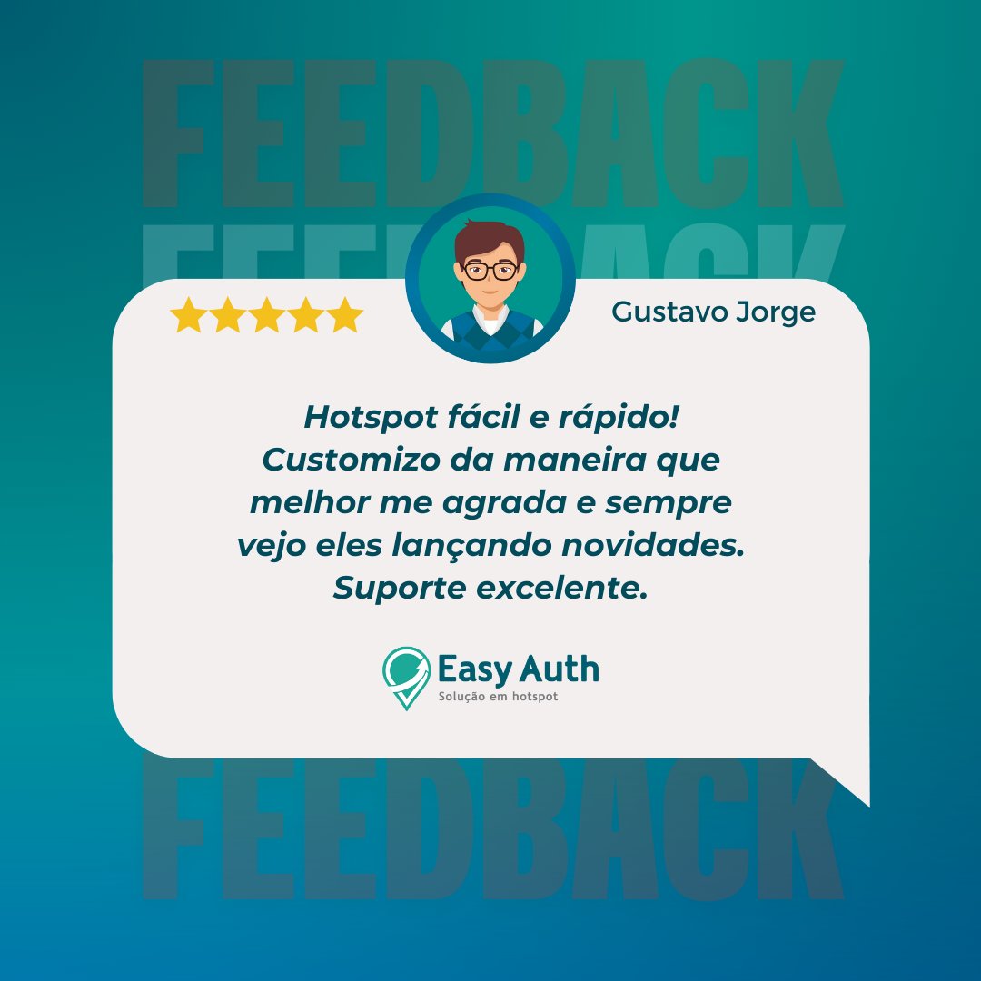 easy_auth's tweet image. ⭐⭐⭐⭐⭐ Nada ilumina nosso dia mais do que receber avaliações como essa! A satisfação dos nossos clientes é a nossa maior motivação.
Na #EasyAuth, estamos sempre inovando para tornar a experiência ainda mais personalizada e eficiente.
#wifimarketing #hotspot #marketing