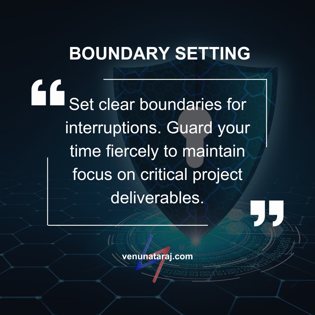 venunataraj's tweet image. Boundary Setting

Set clear boundaries for interruptions. Guard your time fiercely to maintain focus on critical project deliverables.

#BoundarySetting #FocusGuard #ProjectDeliverables #venunataraj #qotd