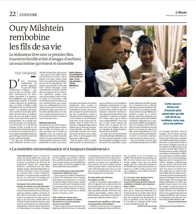 Foncez voir ce magnifique et bouleversant film d’Oury Milshtein “Pour ton mariage”❤️❤️❤️
Un immense bravo à lui, à sa famille et à son distributeur ⁦<a href="/RezoFilms/">Rezo Films</a>⁩ 👍👏