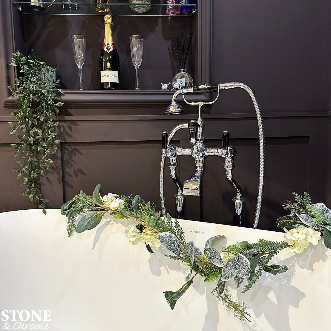 The best place to unwind after a long day Christmas shopping 😍🥂 - Perrin & Rowe traditional floorstanding bath/shower mixer with black lever handles. - Victoria & Albert Amiata bath. - Walls painted in 'Mahogany' by Farrow & Ball. --- 📧 enquiries@stoneandchrome.com