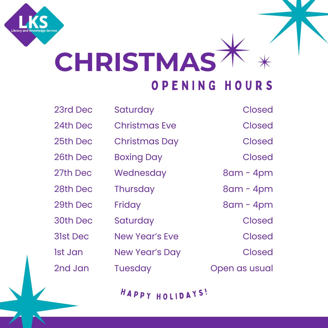 Here are our Christmas opening times. Please note that any days we are closed, 24 hour access will be available as usual, we will just be unstaffed. Merry Christmas and a Happy New Year to all of our library users 🧑‍🎄🎄