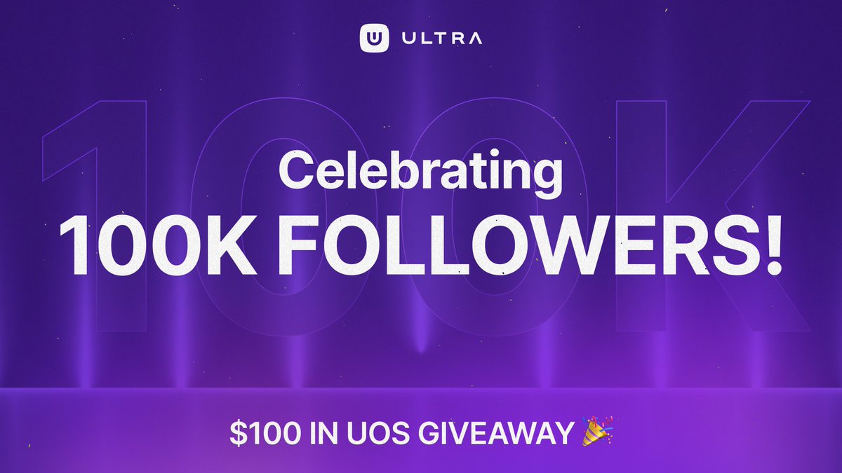 We’ve reached over 100K followers on @ultra_io! 🎉

A big thanks to our incredible community! Your support means the world to us 💜

To celebrate this milestone, we're giving away $100 in $UOS to one lucky follower!

To enter:

1️⃣ Follow @Ultra_platform, <a href="/ultra_uniq/">Uniq Marketplace</a>,