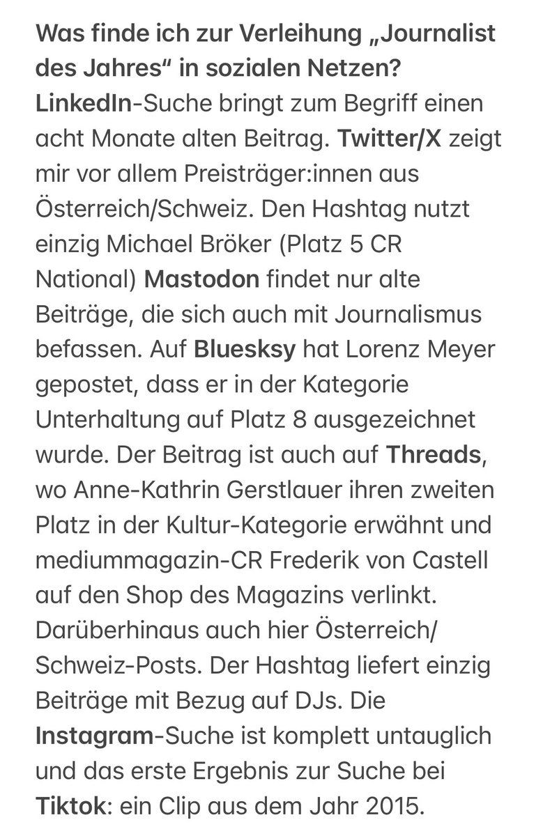 dass heute die „Journalist:innen des Jahres“ bekannt gegeben werden (Herzlichen Glückwunsch an euch alle 🏆), ist eine schöne Illustration für die These, dass die Medienblase™️ nach den Twitter-Jahren keine wirkliche Social-Media-Heimat gefunden hat.
Stand 19.12. etwa 12 Uhr: