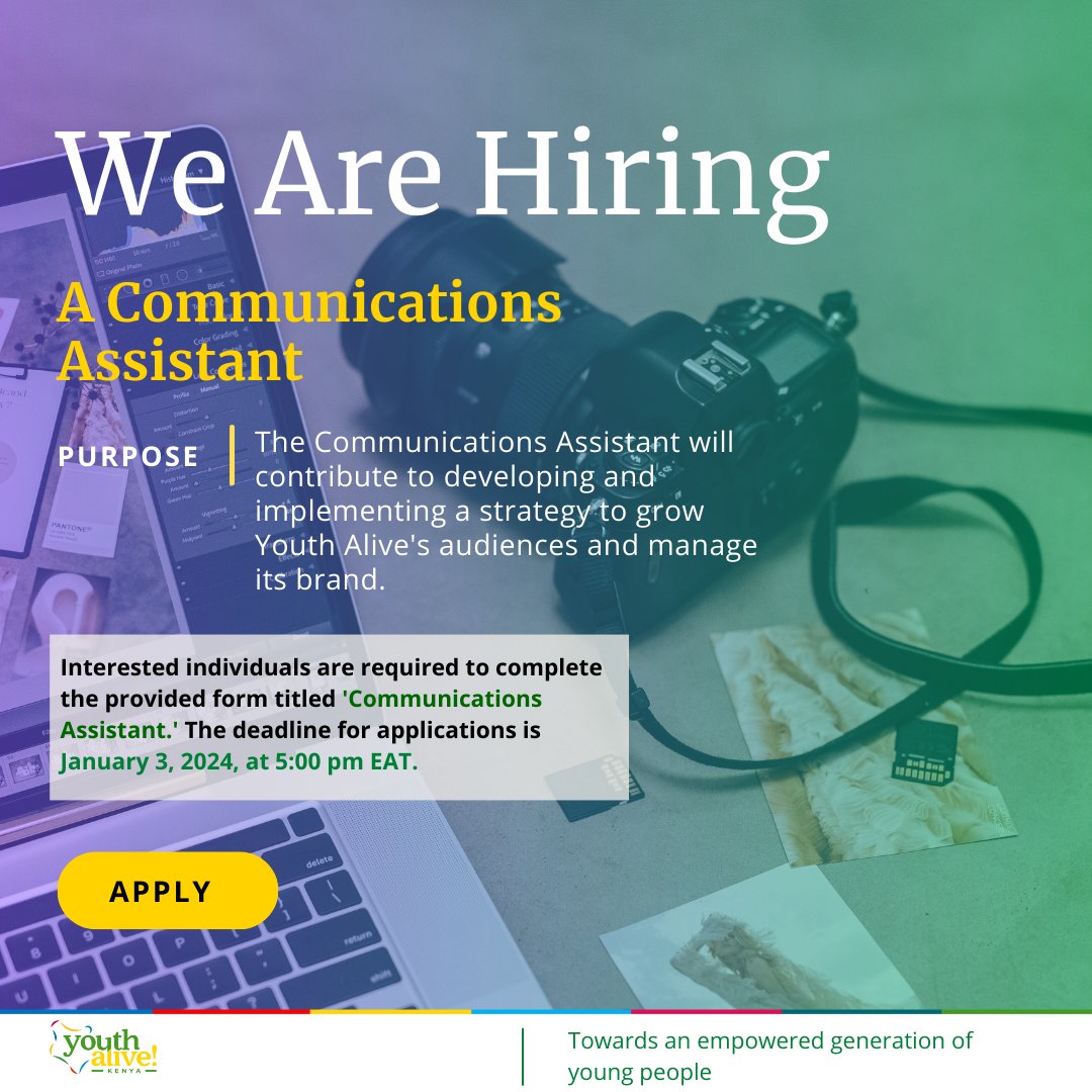 Youth Alive! Kenya (@youthalivekenya) on Twitter photo #IkoKaziKe: Join our team! We are hiring a Communications Assistant. Reporting to the Communications Officer, the post-holder will provide direct assistance to Youth Alive! Kenya at the head office in Nairobi and the regional office in Kisumu. He/she will support the #IkoKaziKe: Join our team! We are hiring a Communications Assistant. Reporting to the Communications Officer, the post-holder will provide direct assistance to Youth Alive! Kenya at the head office in Nairobi and the regional office in Kisumu. He/she will support the