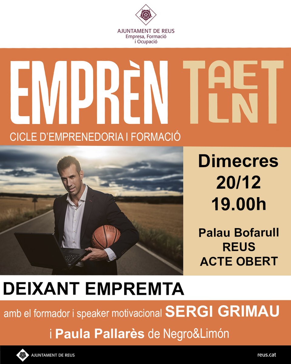📣 Jornada Emprèn Talent per donar eines per fer realitat un projecte de negoci 🤝🏻

👏👏 El tret de sortida d'aquest nou cicle anirà a càrrec de l'speaker motivacional <a href="/sergigrimau/">Sergi Grimau</a> i Paula Pallarès de Negro&amp;Limón

ℹ️ reus.cat/noticia/jornad…