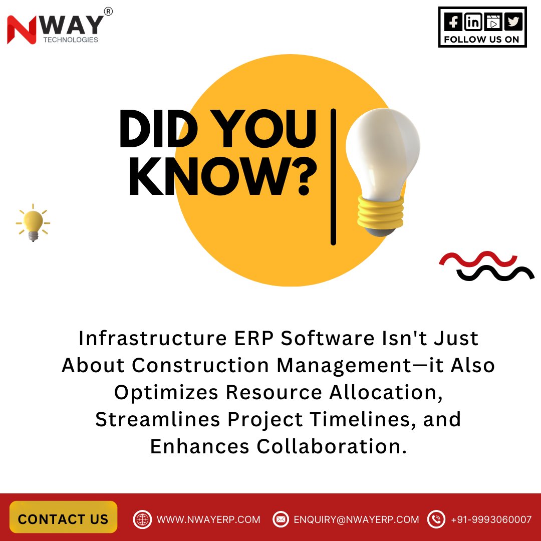 Nway_Tech's tweet image. 𝗗𝗶𝗱 𝗬𝗼𝘂 𝗞𝗻𝗼𝘄?

Did you know that Infrastructure ERP software isn&apos;t just about construction management—it also optimizes resource allocation, streamlines project timelines, and enhances collaboration.

#ERPSoftware #Infrastructure #SimplifiedOperations #NwayERP