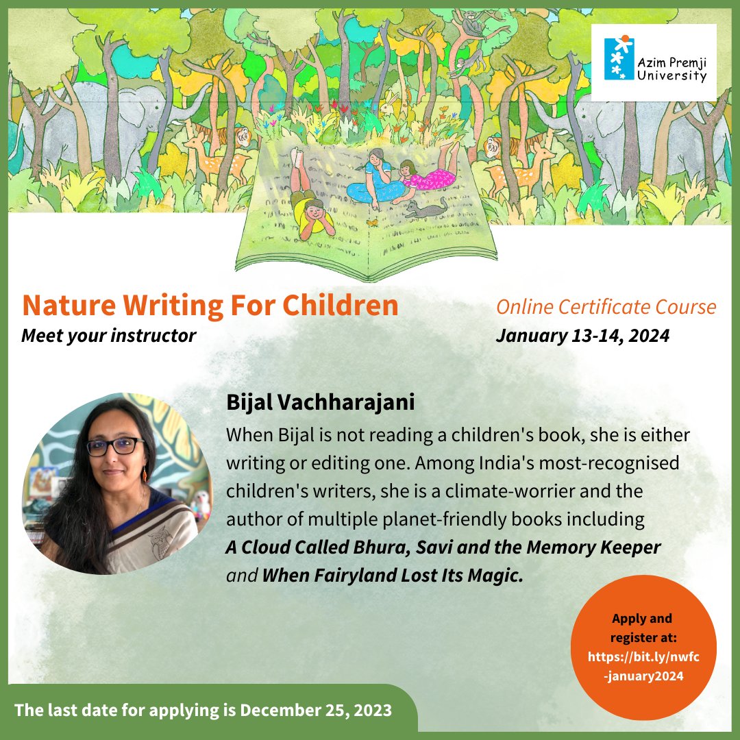 Learn what makes for engaging environmental writing for children with @bijal_v who is a children’s author and a picture book editor. A climate worrier, Bijal’s writing speak to children and that’s why they love them Last date - Dec 15 2023 Register at: bit.ly/nwfc-january20…
