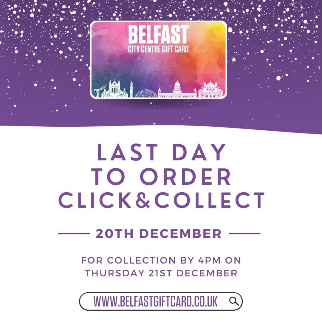 HURRY! Tomorrow is the last day to order a Gift Card with click & collect in time for Christmas 🎄🎁✨ Final day for collection this Thursday at 4pm. Click the link in our bio or visit belfastgiftcard.co.uk to order now 💌 #belfast #belfastgiftcard #belfastchristmas