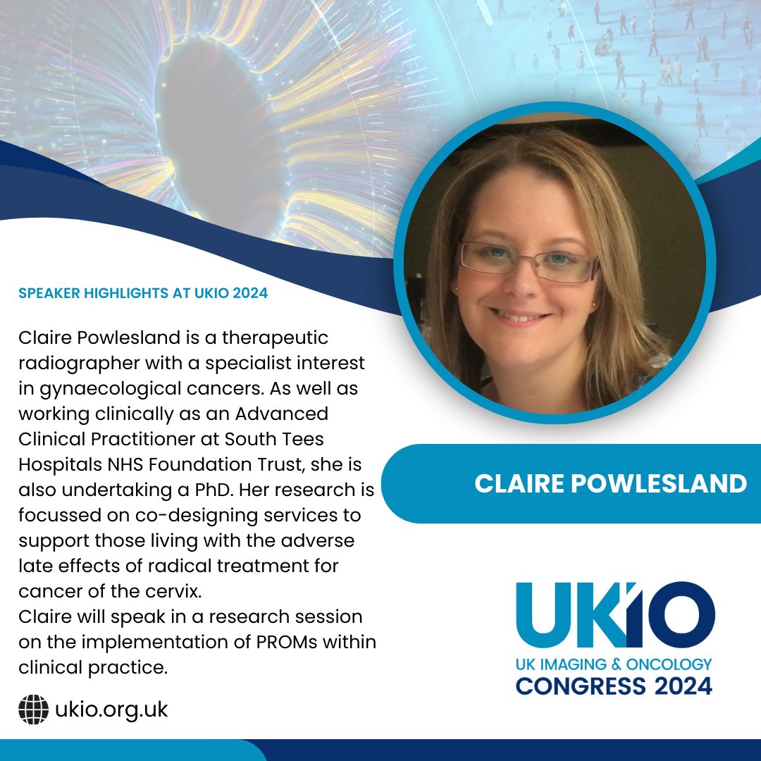 Speaker highlights at #UKIO2024 Therapeutic #radiographer Claire Powlesland @ThePerkyFairy will speak in a #research session on the implementation of PROMs within clinical practice. Look out for the full prog early next year & registration opening on 2 Jan with a New Year sale!