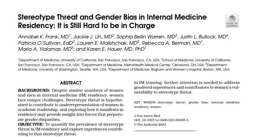 "I get feedback that I'm being confrontational…then I'm way less assertive. Then I get feedback that I’m not assertive enough.” Mixed-methods study finds 77% women v 0% men IM residents experience stereotype threat. What’s happening?! Find out here buff.ly/48imrYp