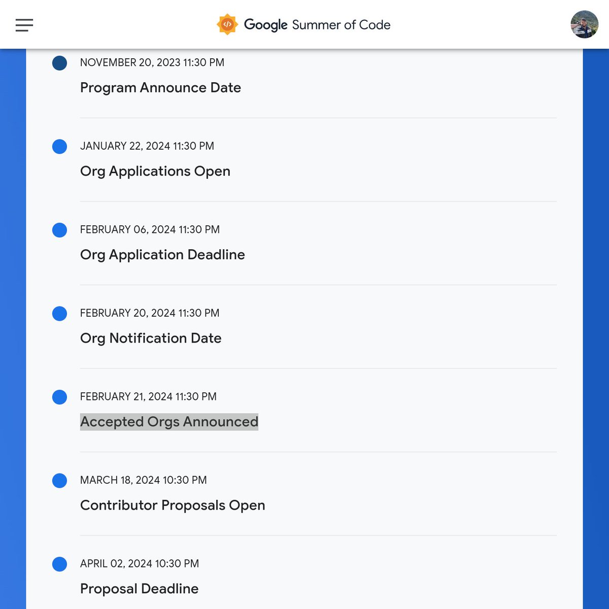 abhinavkr_in's tweet image. 🚀 The #GSoC2024 timeline is out! Mark your calendars:
Org applications: Jan 22 - Feb 6
Accepted Orgs revealed: Feb 21
Student proposals: Mar 18 - Apr 2
Results: Apr 30 - May 1
Check out at: summerofcode.withgoogle.com/programs/2024
#GoogleSummerOfCode