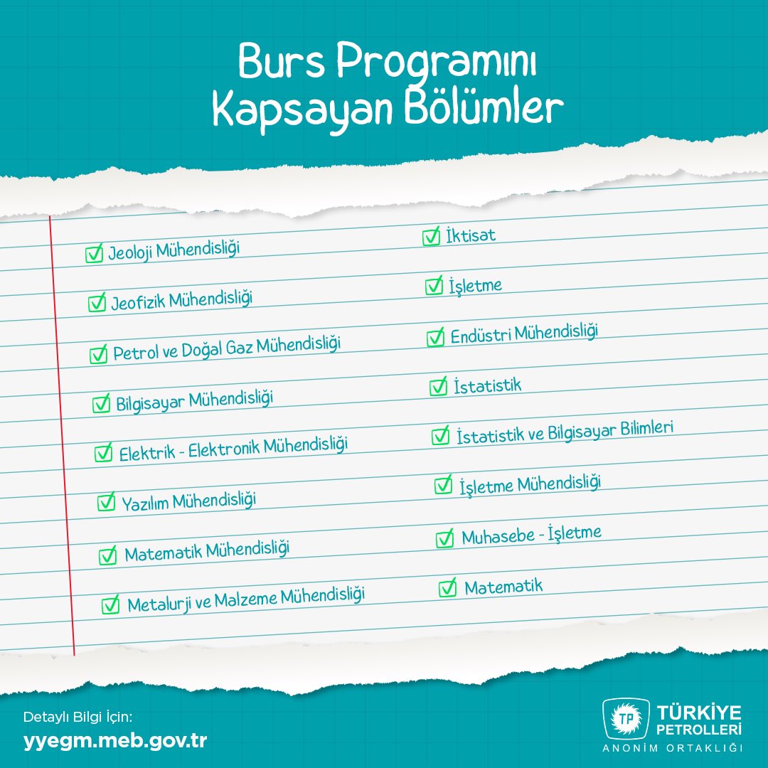 Yurt dışında burslu lisansüstü eğitim başvuruları açıldı. 📚✏️ Türkiye Petrolleri AO 1416 Sayılı Kanun kapsamında 30 başarılı öğrenciye yurt dışında burslu lisansüstü eğitim imkânı sağlayacak. 💯👩🏻‍🎓👨🏻‍🎓 Detaylı bilgi için ➡️ yyegm.meb.gov.tr