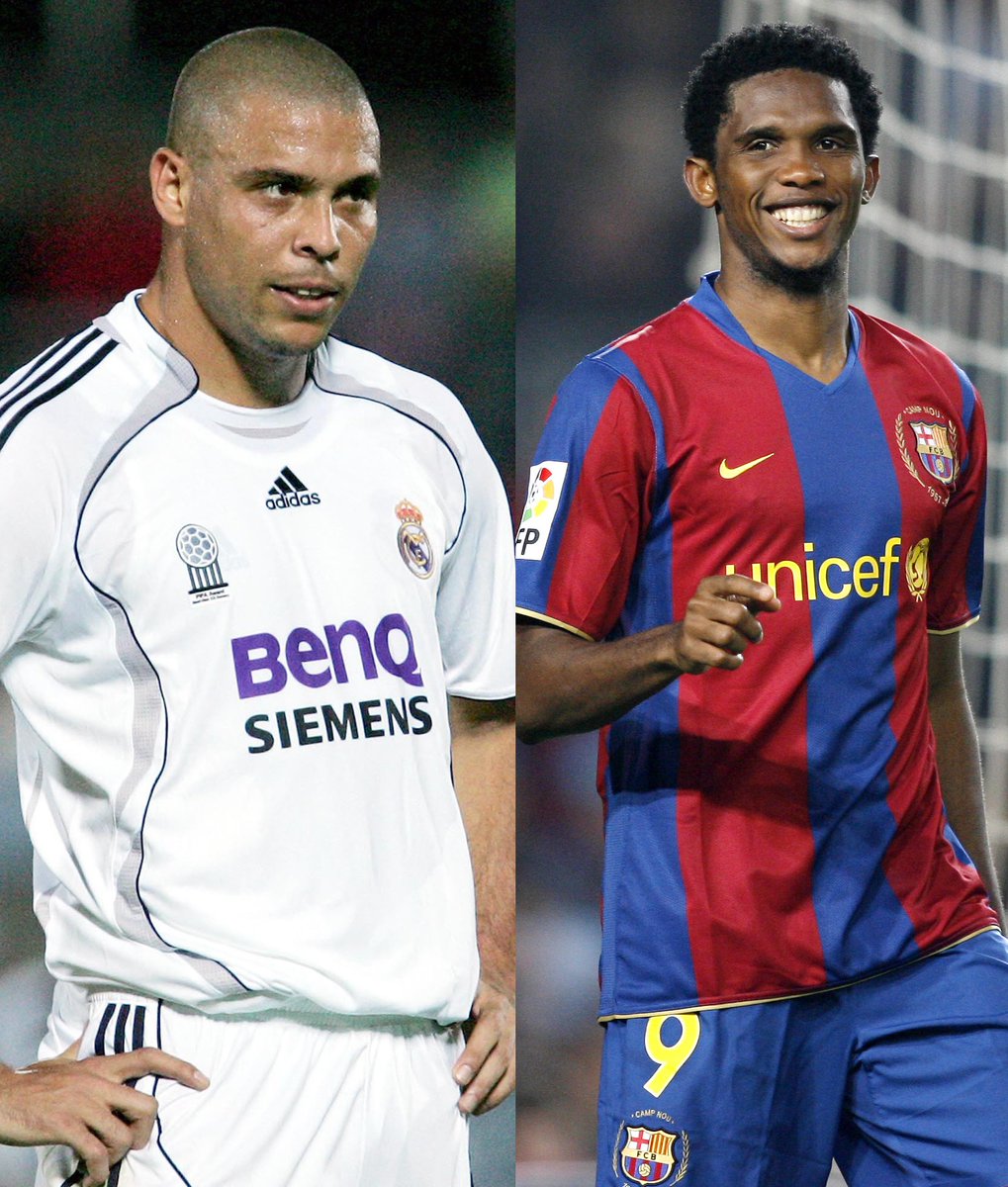 Footballtweet's tweet photo. 🗣️ Ronaldo: "At one time, Barcelona had Ronaldinho and Eto'o. It was the era of the Galacticos and the Clasicos were difficult matches. Of course, I knew the talent of Ronaldinho. We had won the 2002 World Cup together. But the Barça player who impressed me the most was Samuel Eto'o.

We have the same trajectory, he played in Madrid, Barcelona and Inter like me. I like his mentality, he is fast, technical and efficient. He could play anywhere on the pitch, making vertical runs to press and touch the ball. Eto'o is a fighter and if I had had the opportunity to play with him, we would have formed a beast duo in attack." 🇧🇷😍🇨🇲