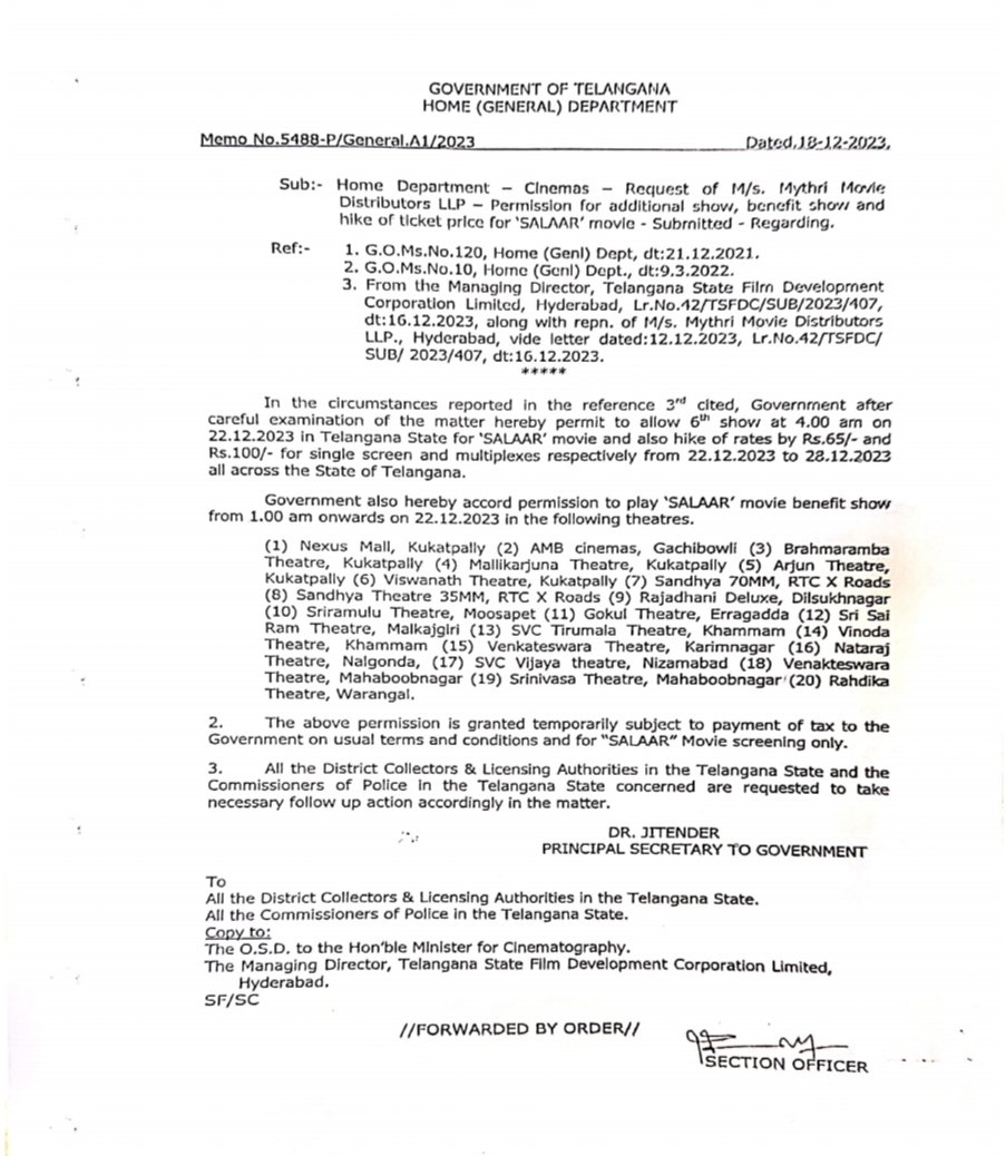 #Salaar :

Telangana Single Screens upto ₹253.7 and Multiplexes ₹413 Permission granted for 1st week.

Also 6shows on Day 1 in all screens and 7shows (starting 1AM) in selected places cleared!