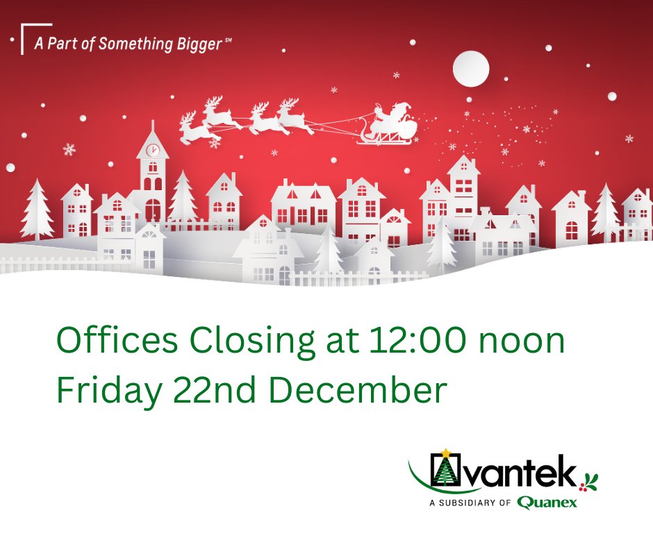 Please note that on Friday 22nd December we will be closing our offices at 12:00 noon as our team head off for a well-deserved Christmas break. 

A very happy Christmas to you all and thank you for your support during 2023.

Team Avantek

#ATeam #MerryChristmas #Holidays
