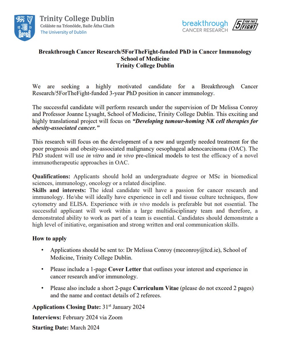 Melissa Conroy (@drmelissaconroy) on Twitter photo We are hiring! Applications are now open for a fully-funded PhD position in cancer immunology. This exciting research project will focus on the development of a novel NK cell therapy for obesity-associated cancer. Deadline: 31st January 2024.
<a href="/JoanneLysaght/">JL</a> <a href="/TrinityMed1/">School of Medicine, Trinity College Dublin</a> We are hiring! Applications are now open for a fully-funded PhD position in cancer immunology. This exciting research project will focus on the development of a novel NK cell therapy for obesity-associated cancer. Deadline: 31st January 2024.
<a href="/JoanneLysaght/">JL</a> <a href="/TrinityMed1/">School of Medicine, Trinity College Dublin</a>