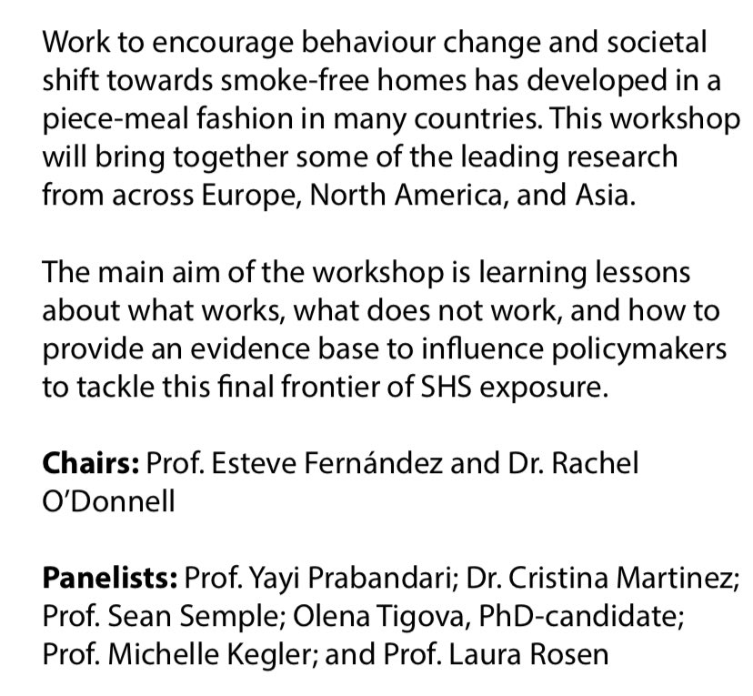 StvFdz's tweet image. Don’t miss #SRNTE2024 Pre-Conference Workshop #6 on Smoke-Free Homes jointly organized by @ismh_uos @StirUni &amp;amp; #WHOCCTobControl @ICO_oncologia @idibell_cat

#SRNT annual meeting, Edinburgh, 20-22 March 2024 ➡️ srnt.org/page/2024_Meet…