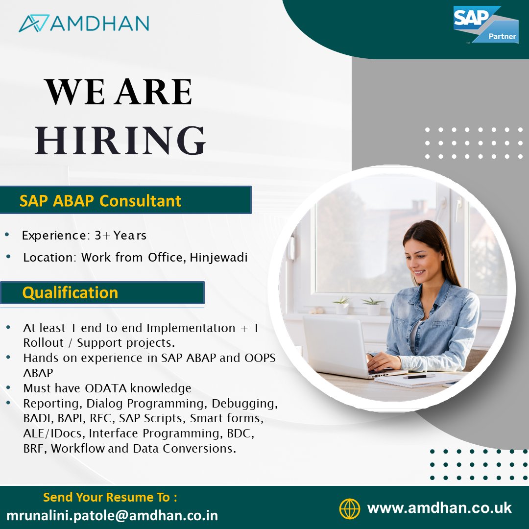 AmdhanLTDUK's tweet image. We Are Hiring.
𝐏𝐨𝐬𝐢𝐭𝐢𝐨𝐧: SAP ABAP Consultant
𝐄𝐱𝐩𝐞𝐫𝐢𝐞𝐧𝐜𝐞 𝐑𝐞𝐪𝐮𝐢𝐫𝐞𝐝 - 3+ Years
𝐋𝐨𝐜𝐚𝐭𝐢𝐨𝐧 - Hinjewadi, Pune ( WFO )
𝐀𝐩𝐩𝐥𝐲 𝐍𝐨𝐰 𝐎𝐧 - mrunalini.patole@amdhan.co.in
#sapabapconsultant #abapconsultant #sapconsultant #hiring #sapjobs #amdhan
