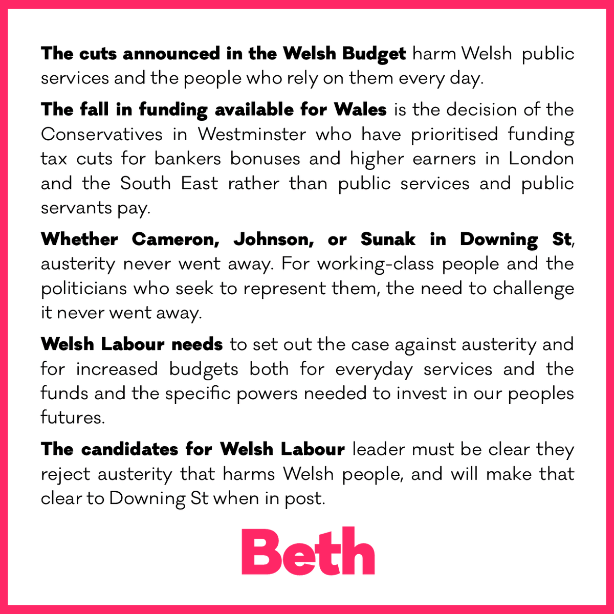 Cuts in the Welsh Budget harm public services and people who rely on them every day.

The fall in funding is the decision of Conservatives in Westminster.

Welsh Labour and candidates for leader must reject austerity.

My comment on the #WelshBudget.