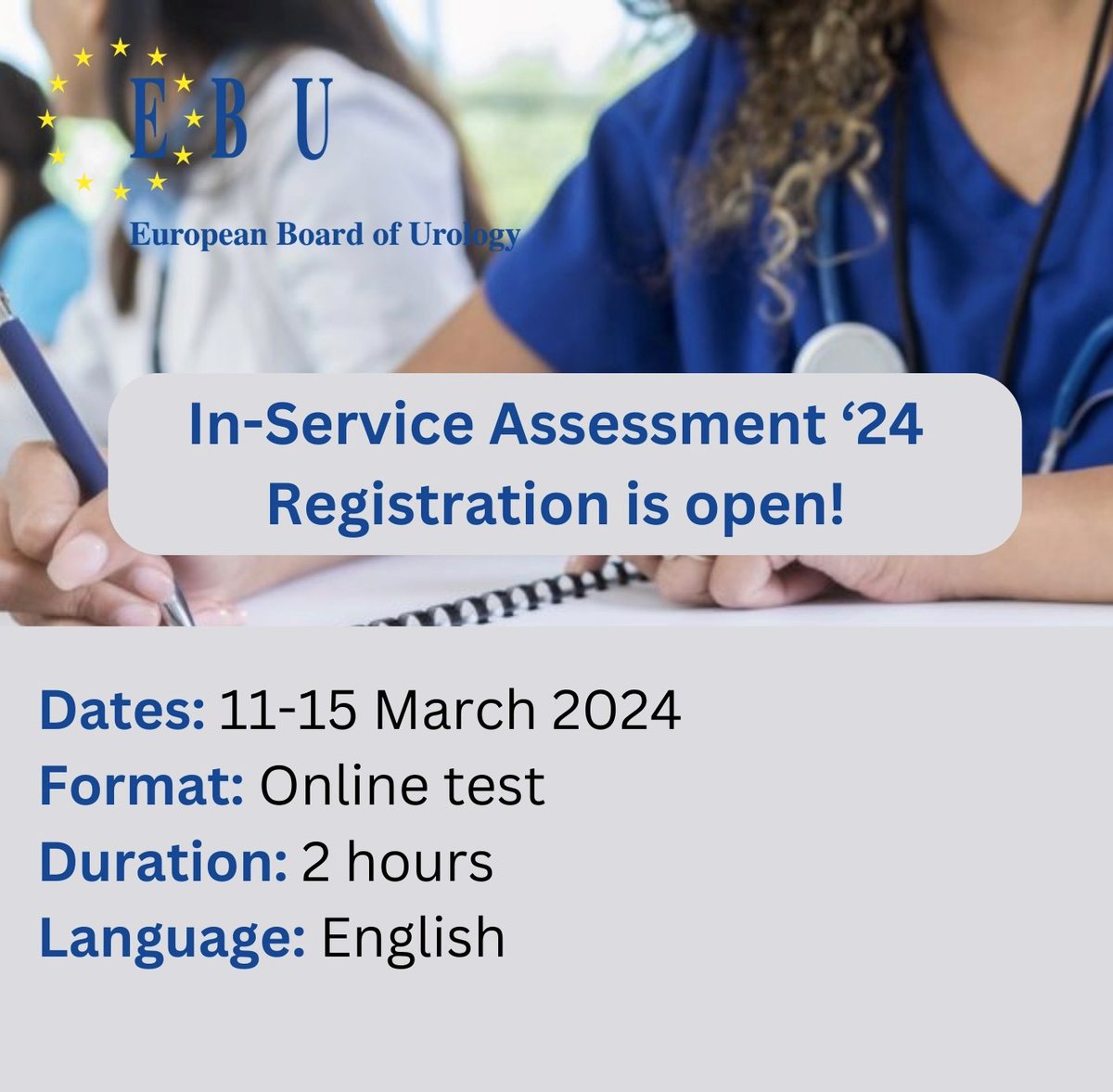Urologists and urology residents from any country are welcome to register for In-Service Assessment 2024 before 14 February 2024. Start your registration now! ebu.com/examination/in…
<a href="/EBU_Urology/">EBU</a> #FEBU #ISA2024 #ESRUrology #urologists #urologyresidents #examination #ebu