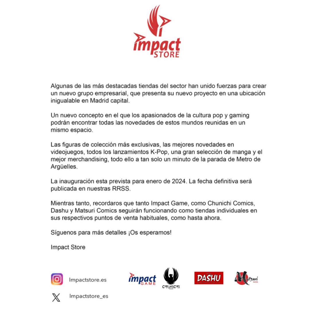 Impactstore_es's tweet photo. Ha llegado el momento, la apertura de un nuevo local en Madrid en el que encontraréis todo lo que os gusta, iy más!
¡Preparaos, 2024 arranca fuerte! https://t.co/lN78PmP0GB