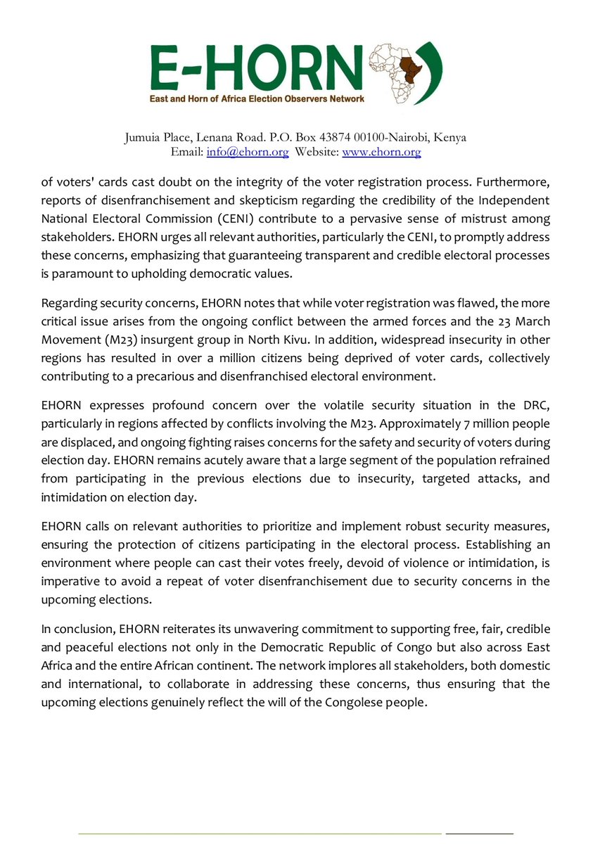 .@ehorn_ reiterates its unwavering commitment to supporting free, fair, credible and peaceful elections not only in the Democratic Republic of Congo but also across East Africa and the entire African continent.The network implores all stakeholders, both domestic and