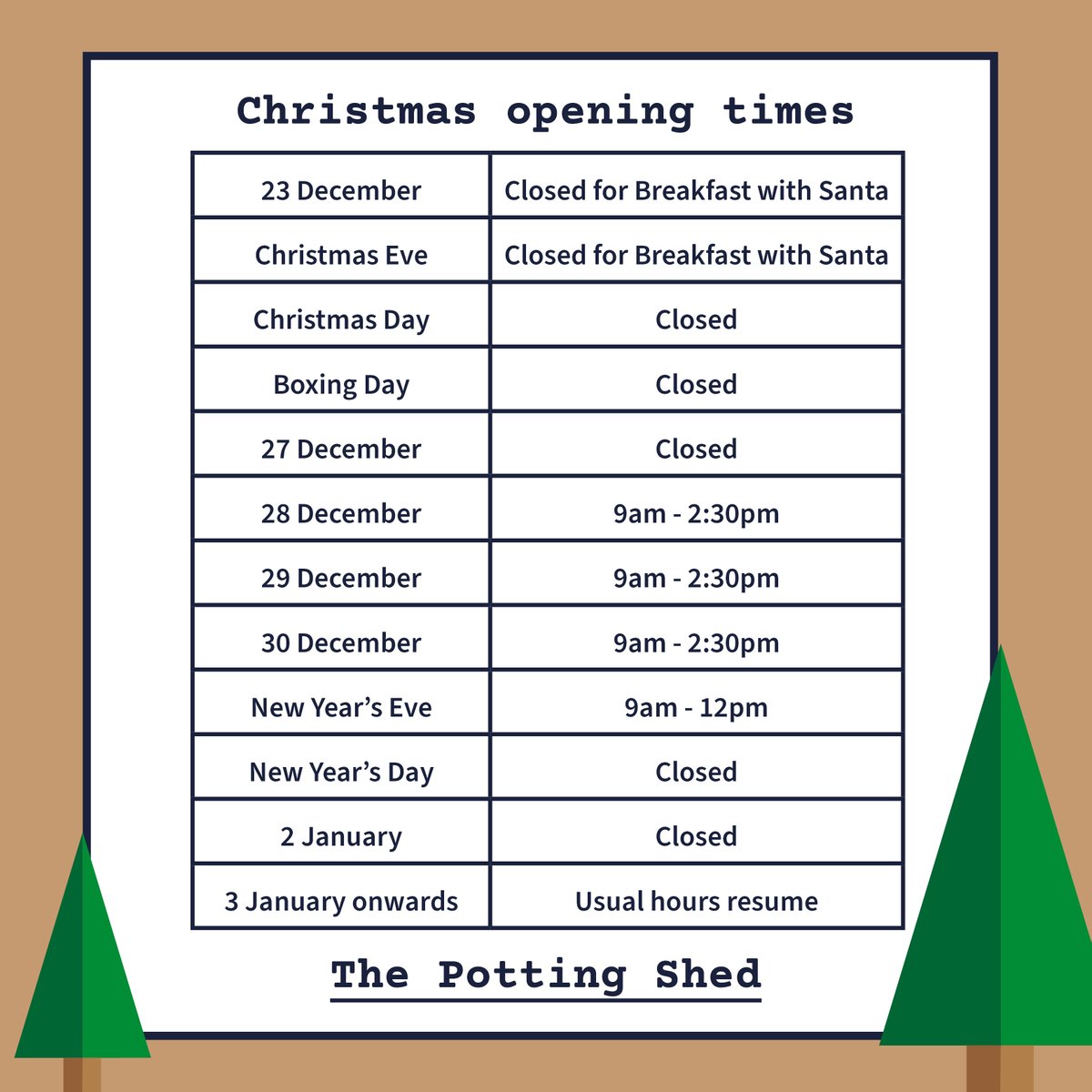 There's still time to visit us before the festive break!

Here's our Christmas opening times 👇