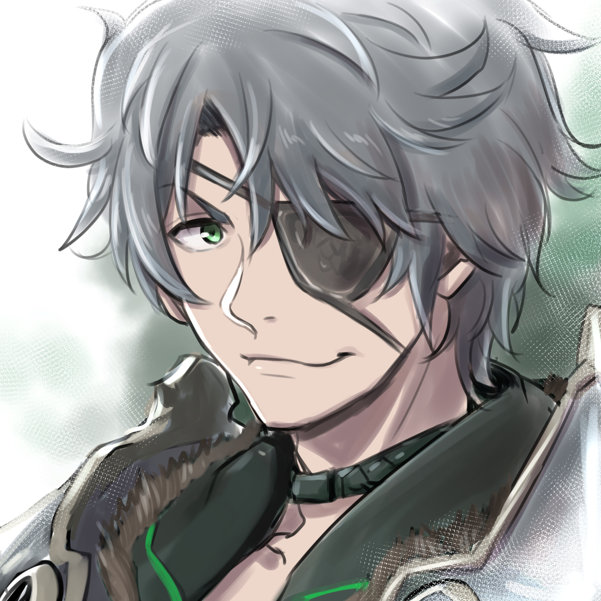 1boy eyepatch male focus grey hair solo green eyes smile  illustration images