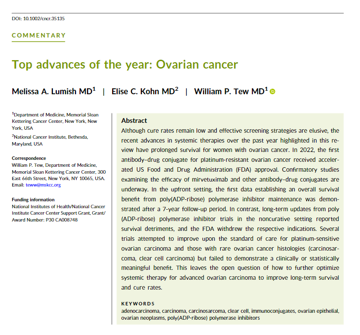 ACS Journal Cancer (@journalcancer) on Twitter photo Just published! "Top advances of the year: Ovarian Cancer" by Dr. <a href="/LumishMelissa/">Melissa Lumish MD</a> and Dr. William P. Tew of <a href="/TeamOvary_MSK/">Team Ovary, Memorial Sloan Kettering Cancer Center</a>
🔗bit.ly/OvarianCATopAd…
Key updates:
🔸Mirvetuximab for PROC
🔸First data showing overall survival benefit for PARPi maintenance
<a href="/OncoAlert/">OncoAlert</a>
#gyncsm Just published! "Top advances of the year: Ovarian Cancer" by Dr. <a href="/LumishMelissa/">Melissa Lumish MD</a> and Dr. William P. Tew of <a href="/TeamOvary_MSK/">Team Ovary, Memorial Sloan Kettering Cancer Center</a>
🔗bit.ly/OvarianCATopAd…
Key updates:
🔸Mirvetuximab for PROC
🔸First data showing overall survival benefit for PARPi maintenance
<a href="/OncoAlert/">OncoAlert</a>
#gyncsm