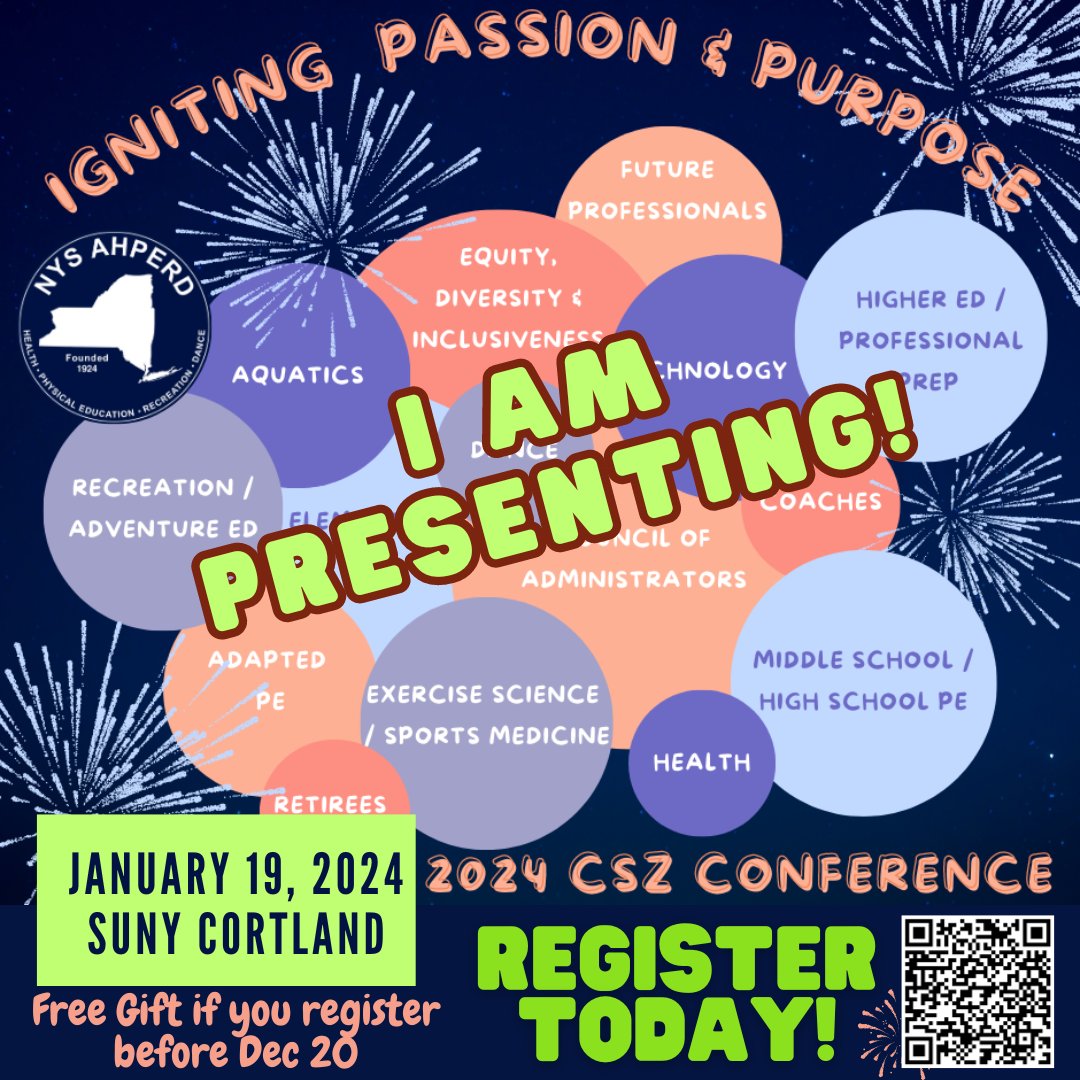 Super excited to presenting <a href="/nysahperd/">NYS AHPERD</a> CSZ mini conference <a href="/SUNYCortland/">sunycortland</a>.  My Alma Mater😎!  I'll be in Park Center Gym-2 2209 at 12:05 on January 19 2024.